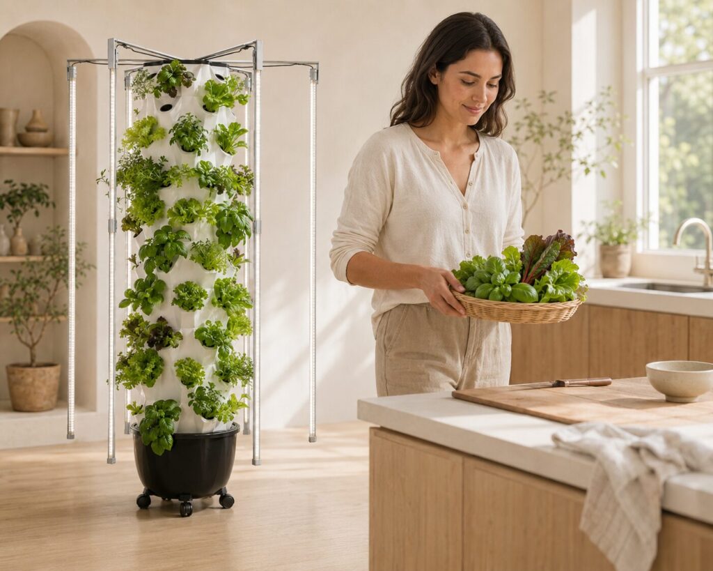 Home grower harvesting fresh greens from a Nutraponics Pro Tower Garden in a kitchen.