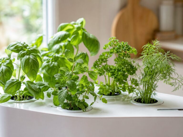 Fresh hydroponic herb garden with basil, mint and parsley.
