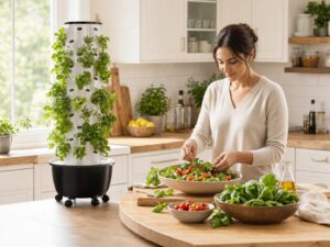 Fresh salad prepared beside a Nutraponics tower garden