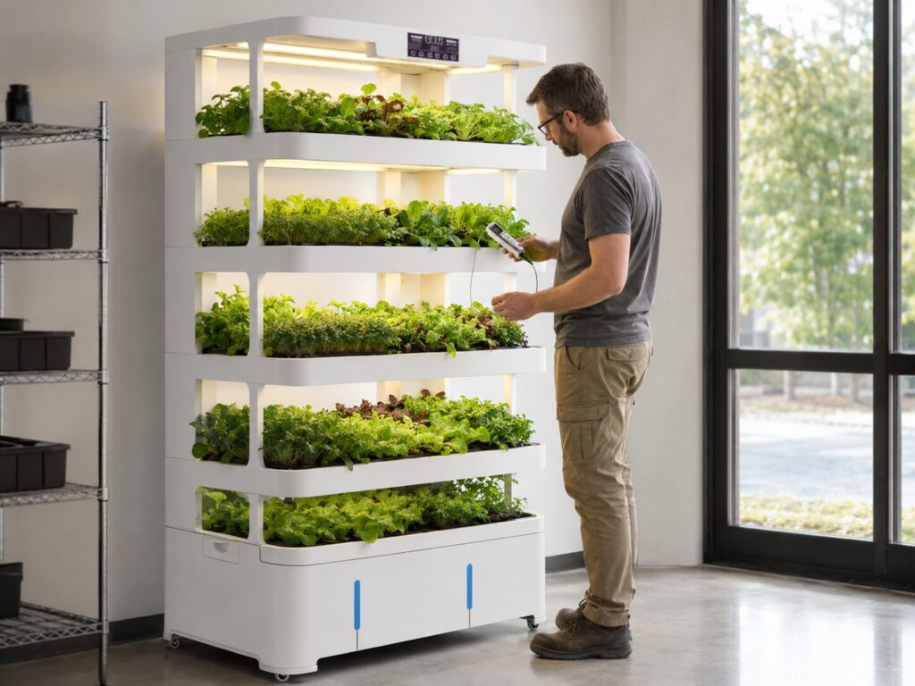 Grower inspecting leafy greens on a Nutraponics Pro Shelf growing system.