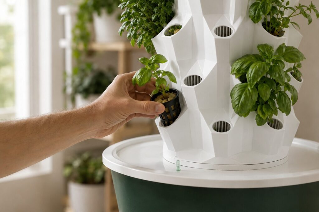 Hand placing a compatible net pot into a Nutraponics tower planting port