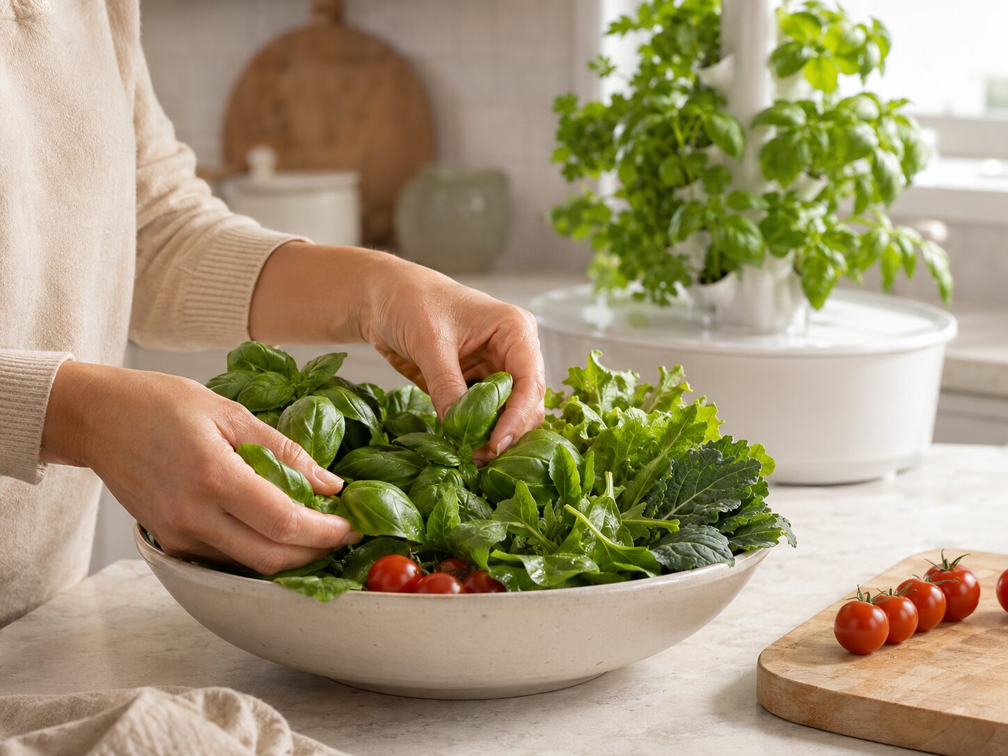 Freshly harvested hydroponic greens and herbs being prepared for a meal.