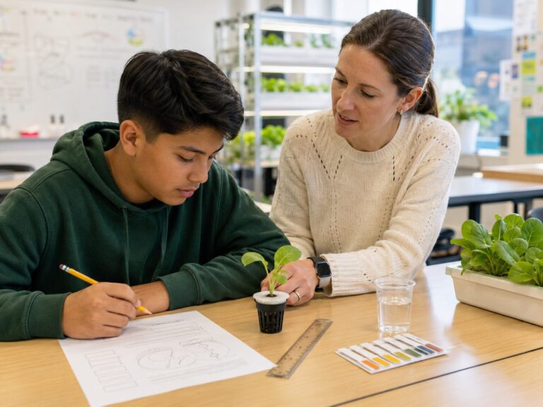 Student working through a hands-on hydroponics lesson