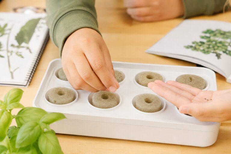 Hands planting lettuce and basil seeds into starter plugs