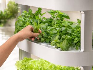 Harvesting fresh basil and mint from a hydroponic system