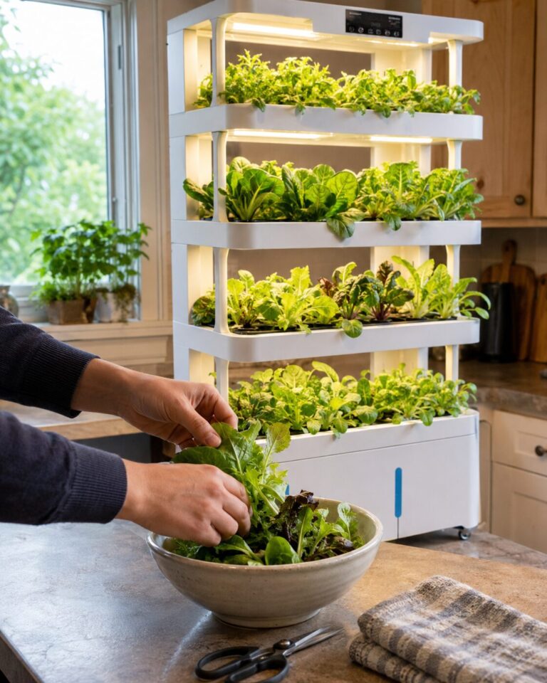 Harvesting fresh greens beside a hydroponic growing shelf