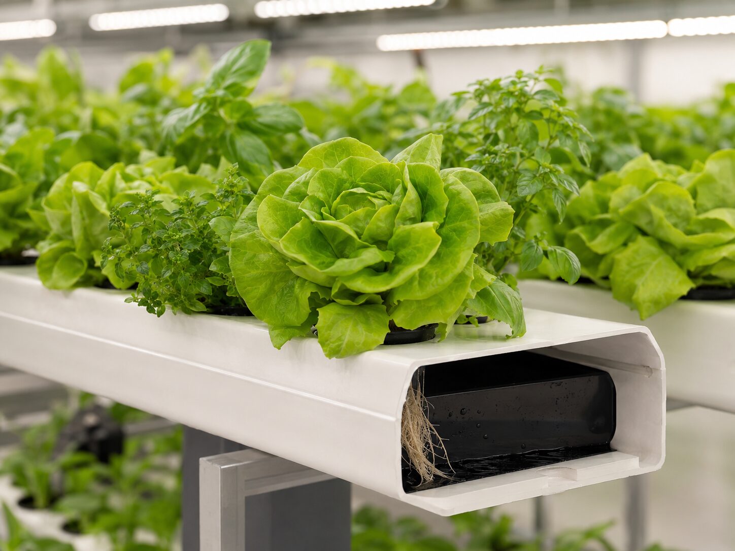 Leafy greens growing in reusable open hydroponic channels.