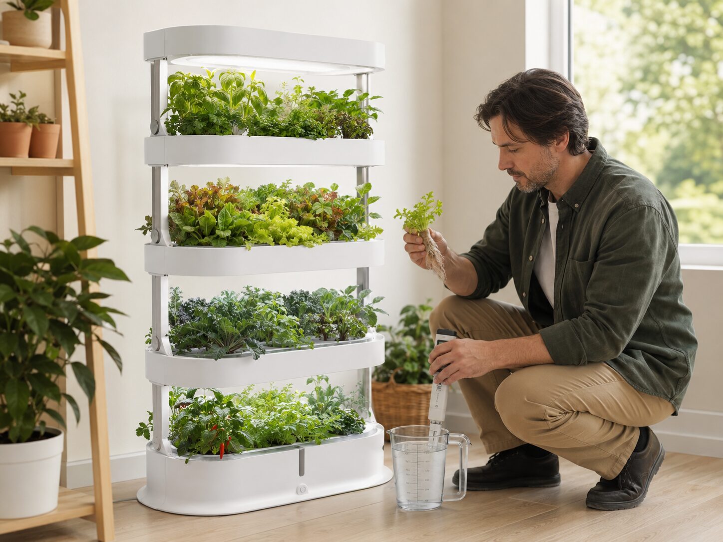 Hydroponics Growing Systems Home grower tending a four-tier hydroponic garden