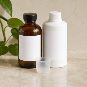 pH test solution bottle with a measuring cup