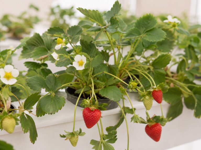 Hydroponic strawberry plants in bloom.