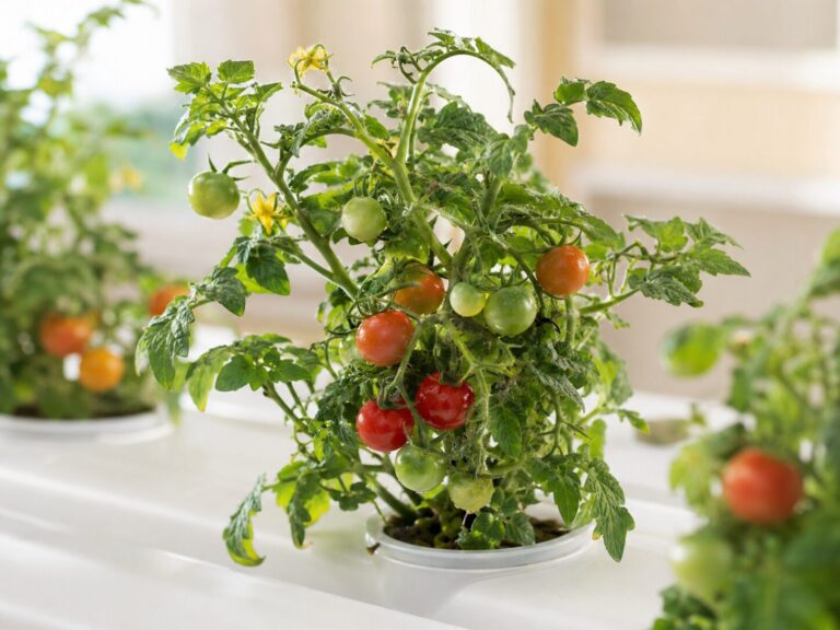 Hydroponic cherry tomatoes ripening in soft window light.