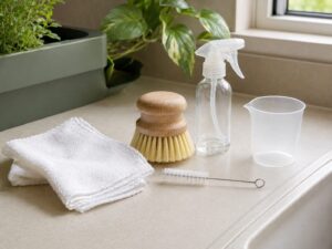 Cleaning brush, spray bottle and measuring cup for system upkeep