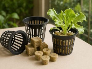Black two-inch net pots with grow media
