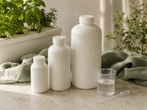 Hydroponic nutrient bottles on a kitchen counter