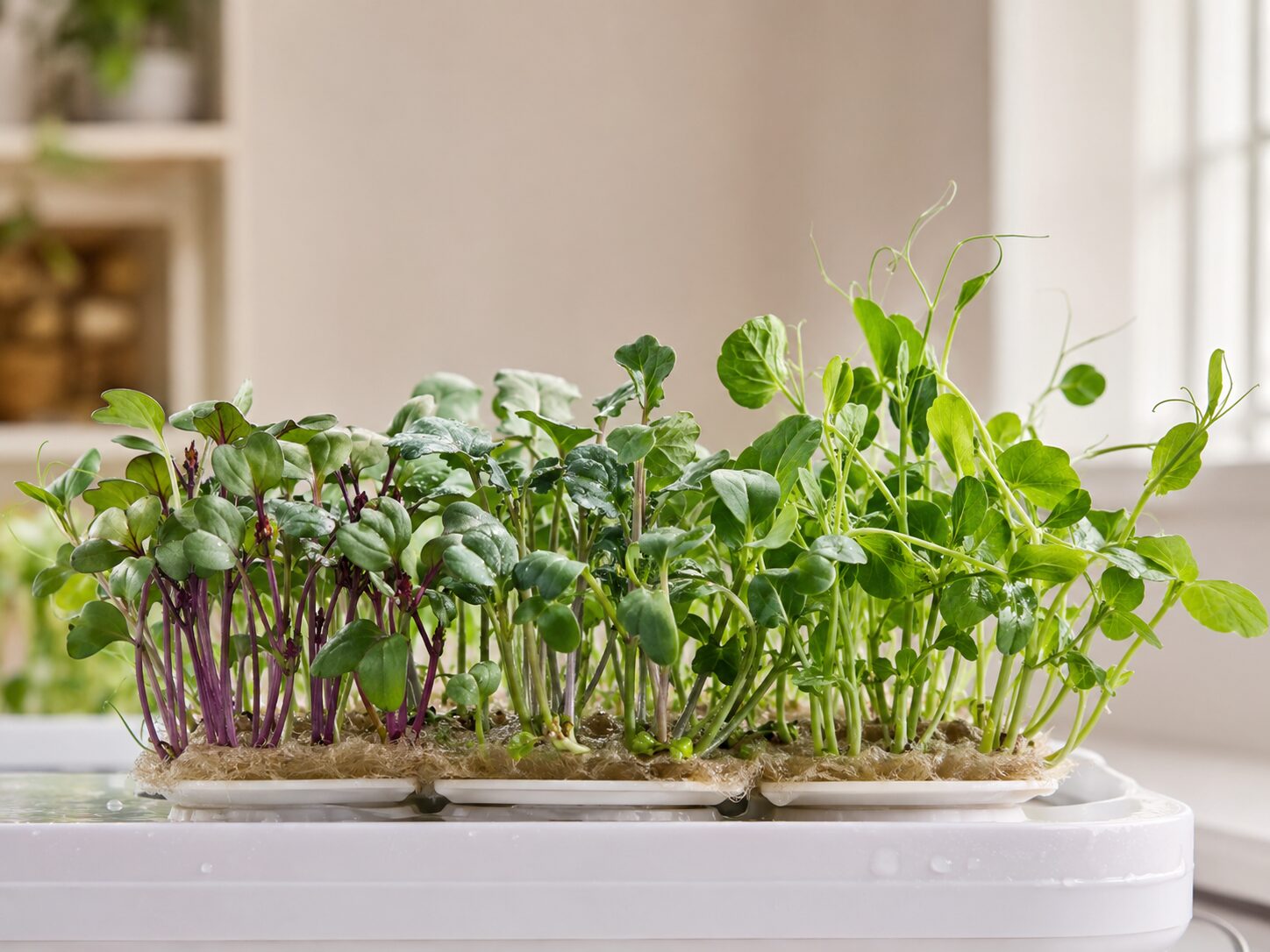 Hydroponics Growing Systems Trays of radish, broccoli and pea microgreens