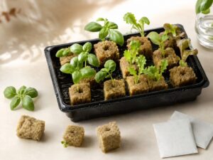 Seed starting tray with pre-cut growing sponges and young seedlings