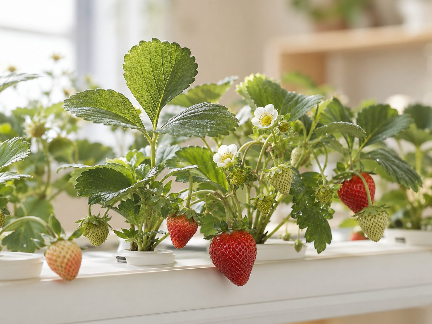 Hydroponics Growing Systems Hydroponic strawberry plants in bloom and fruiting