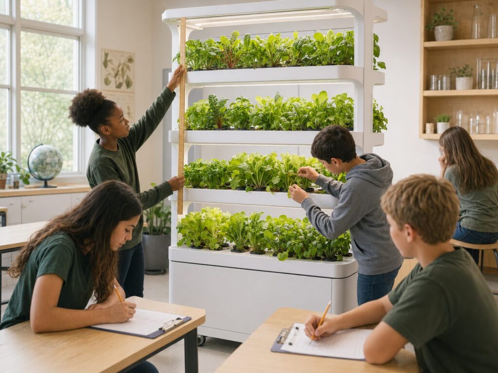 Students measuring hydroponic plant growth in a classroom Nutraponics system.