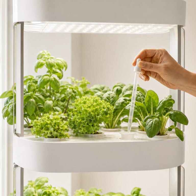 Measuring hydroponic nutrients under LED grow lights.