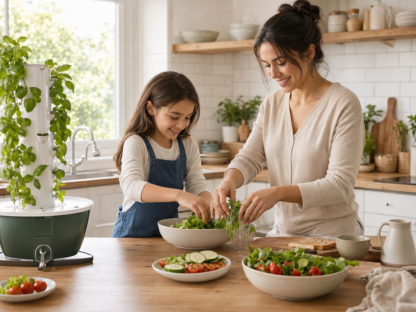 Hydroponics Growing Systems Mother and daughter preparing fresh home-grown greens