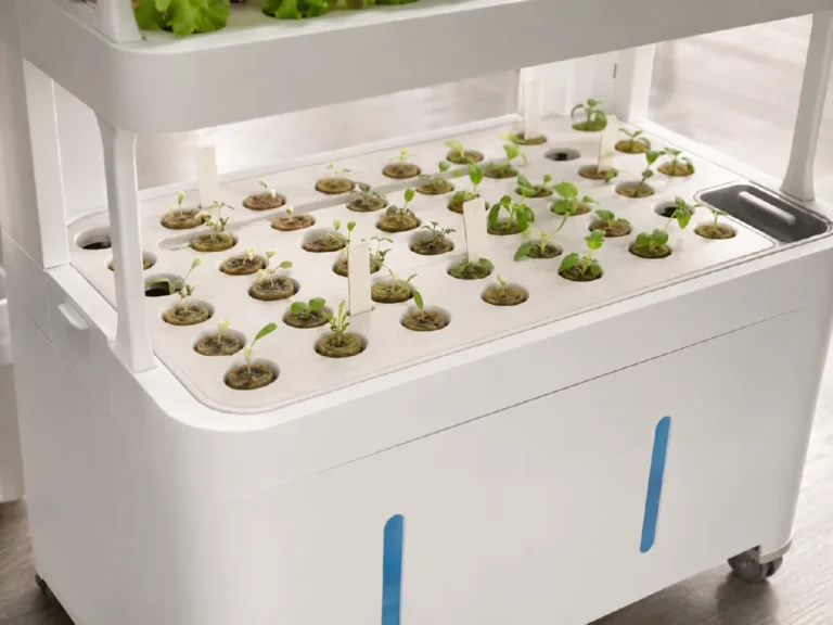 Seedlings starting in a hydroponic germination tray.