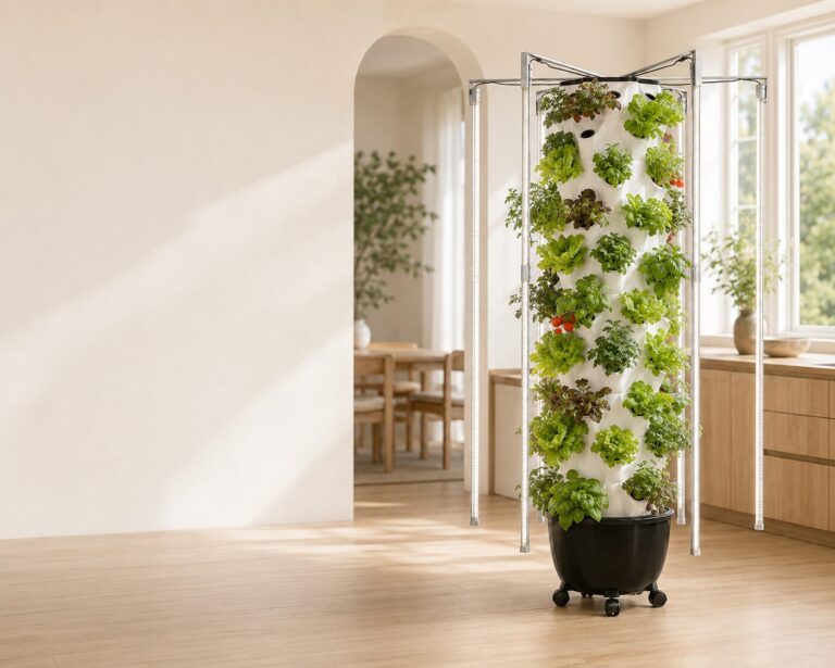 Hydroponics Growing Systems A Nutraponics vertical tower garden full of leafy greens in a bright, sunlit kitchen.