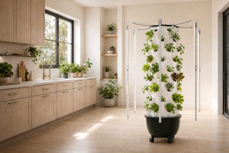 A white hydroponic tower garden of herbs and leafy greens in a sunlit kitchen.