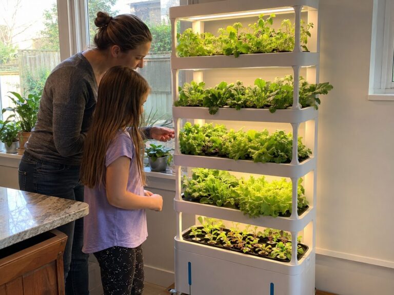 Parent and child looking at a five-tier hydroponic garden