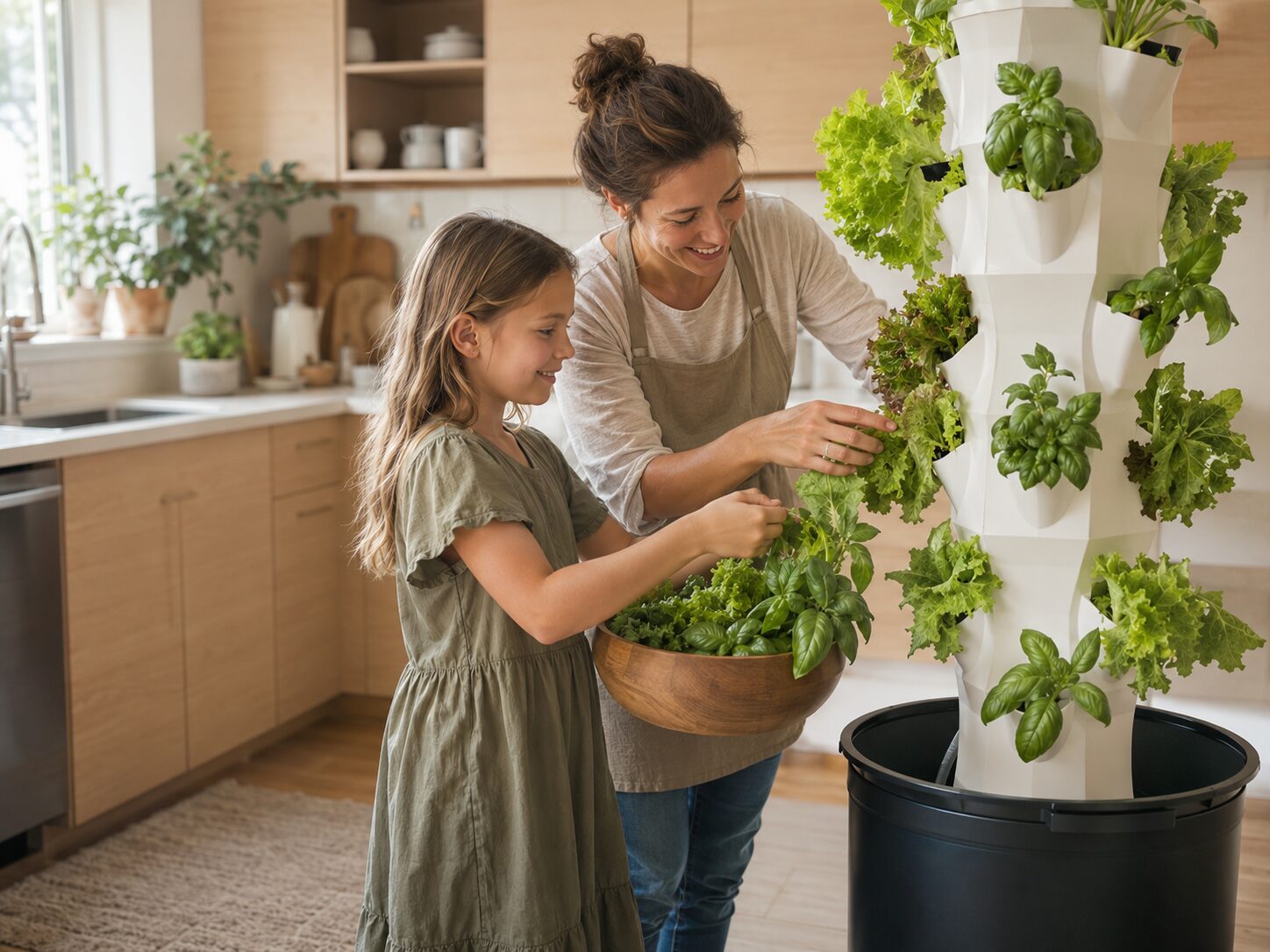 A parent and child harvesting fresh greens from a Nutraponics tower system.