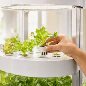Replanting lettuce seedlings into a hydroponic tower