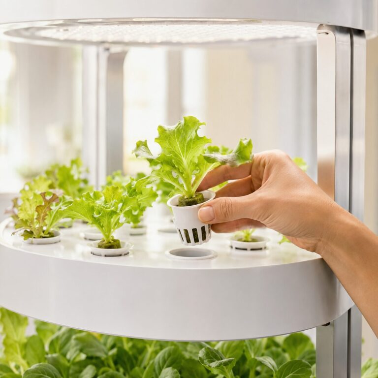 Replanting lettuce seedlings into a hydroponic tower.