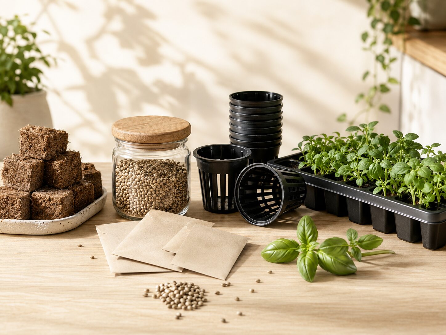 Reusable hydroponic growing supplies with standard seed packets and young plants.