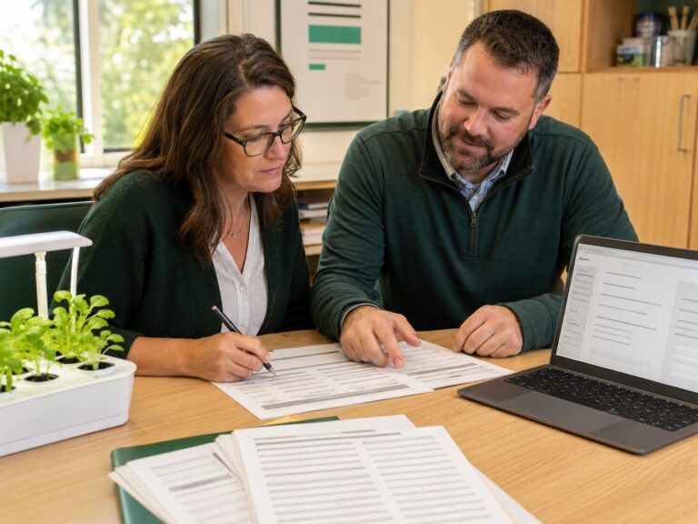 School staff planning a purchase together, holding a seedling