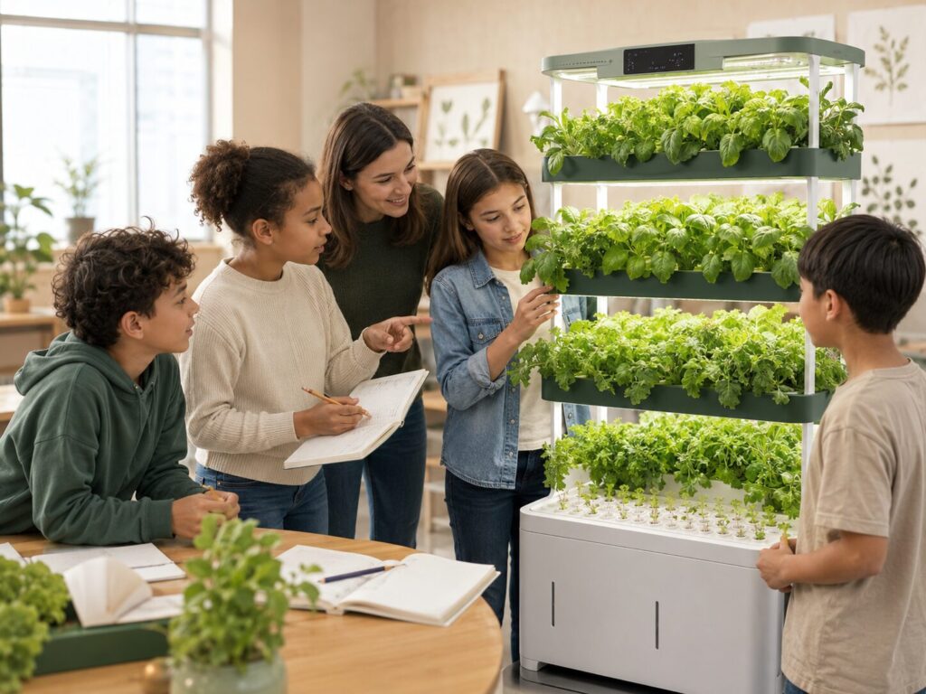 Science class gathered around a hydroponic tower garden