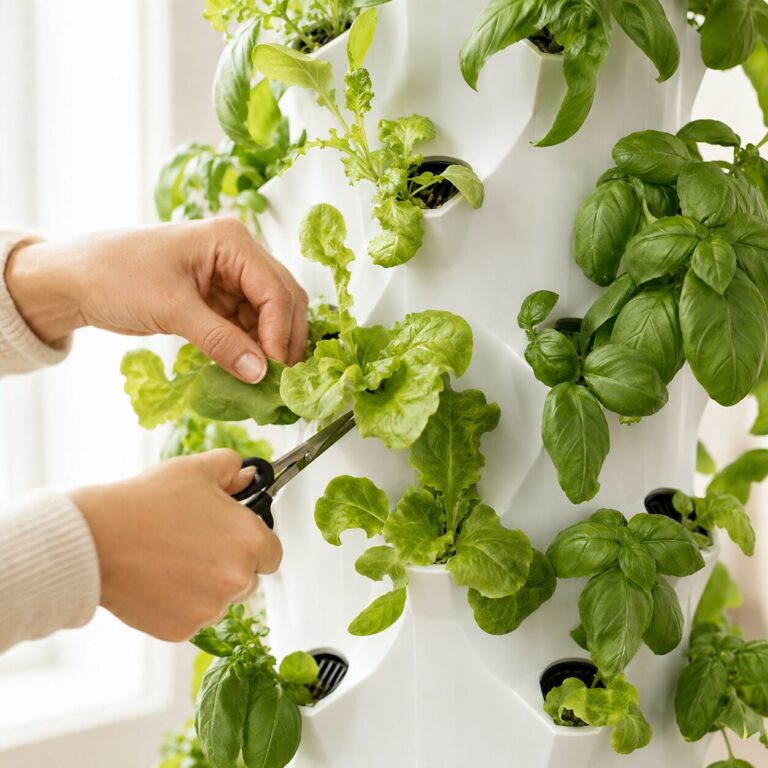 Selectively harvesting lettuce and basil leaves.