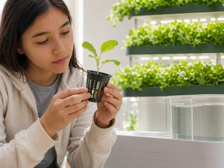 Student checking the water level and a seedling in a hydroponic system