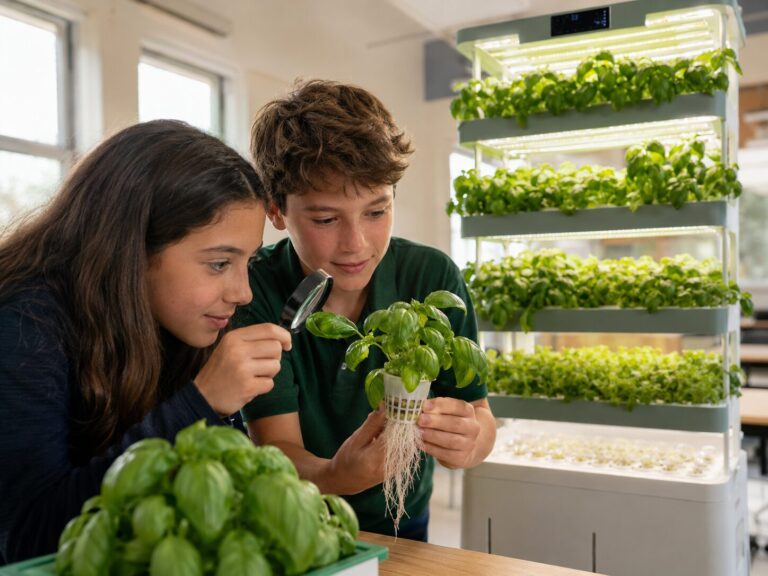Students inspecting basil roots on a hydroponic tower
