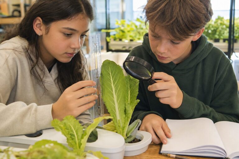 Students measuring and recording lettuce leaf growth