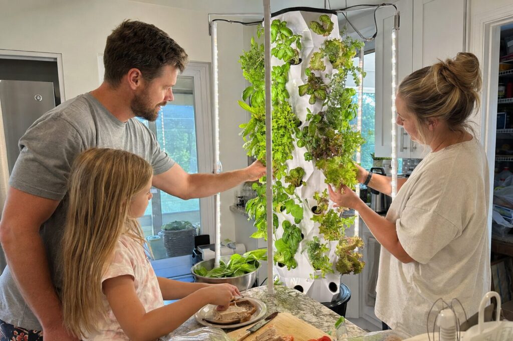 A family harvesting fresh greens together from a Nutraponics tower garden.