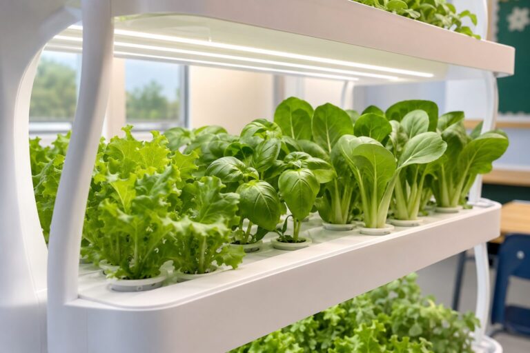 Young leafy greens growing on a multi-tier hydroponic shelf