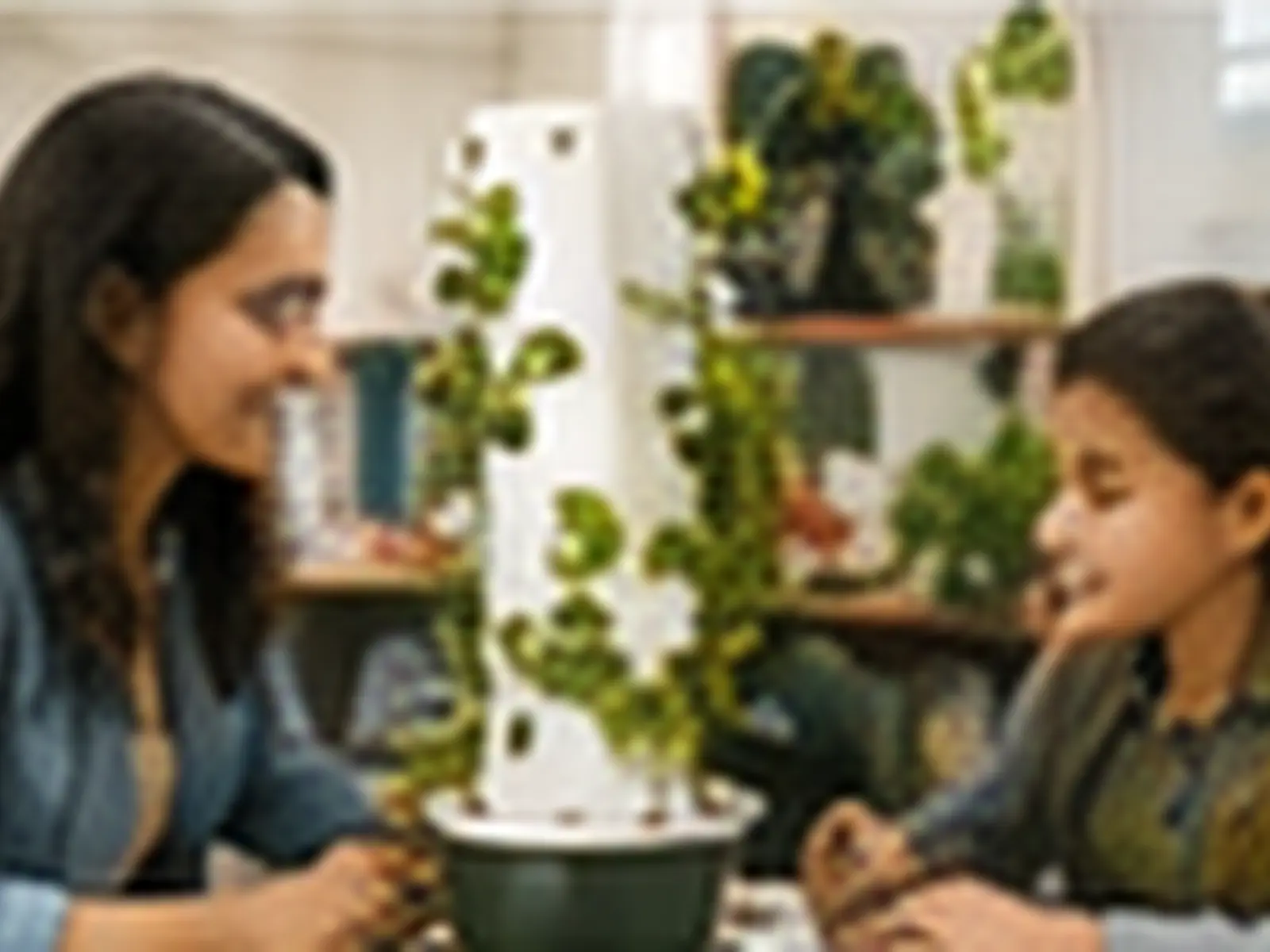 Teacher and student learning beside a classroom hydroponics system.