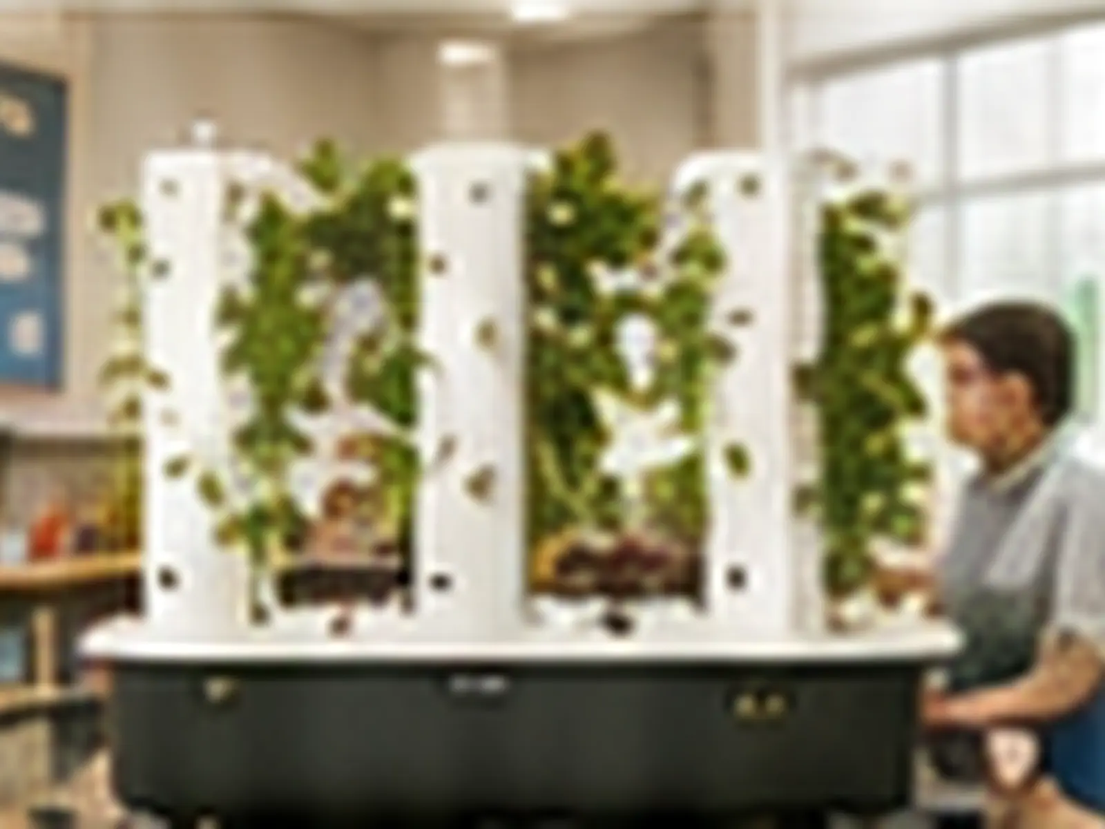 Nutraponics classroom growing system with healthy plants.