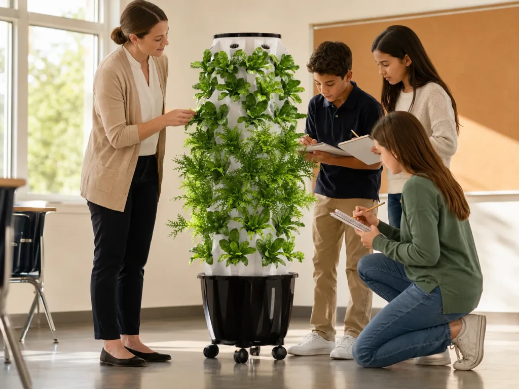 Students observing plants in a classroom Nutraponics system.