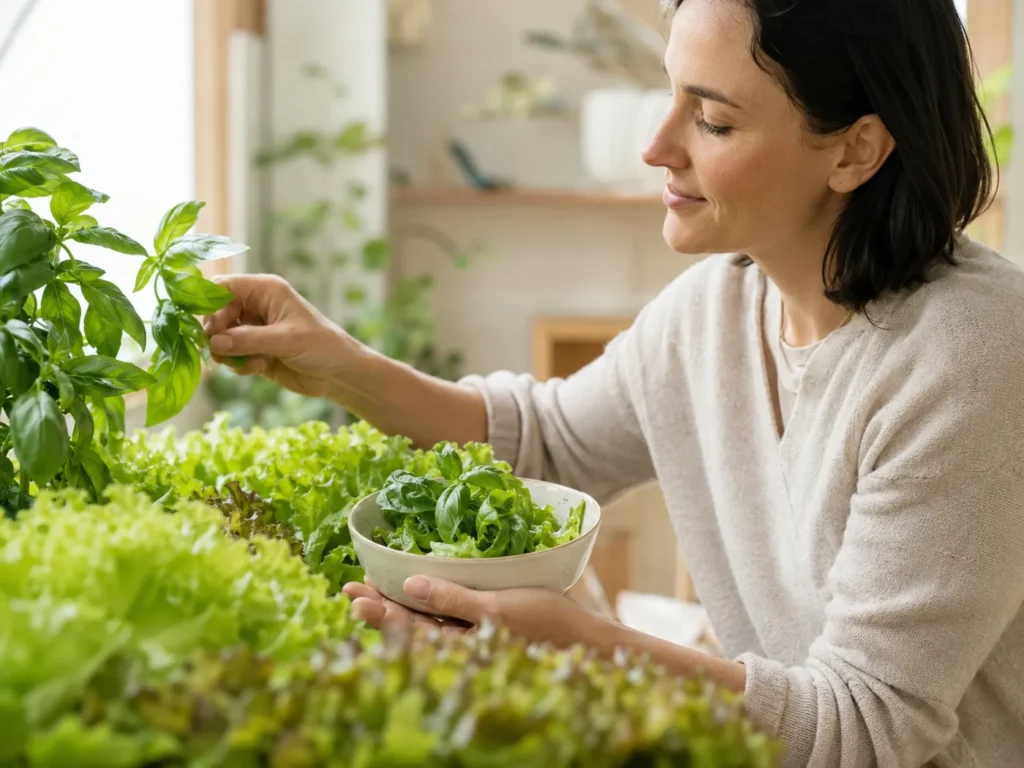 Fresh hydroponic greens being harvested for a healthy meal.