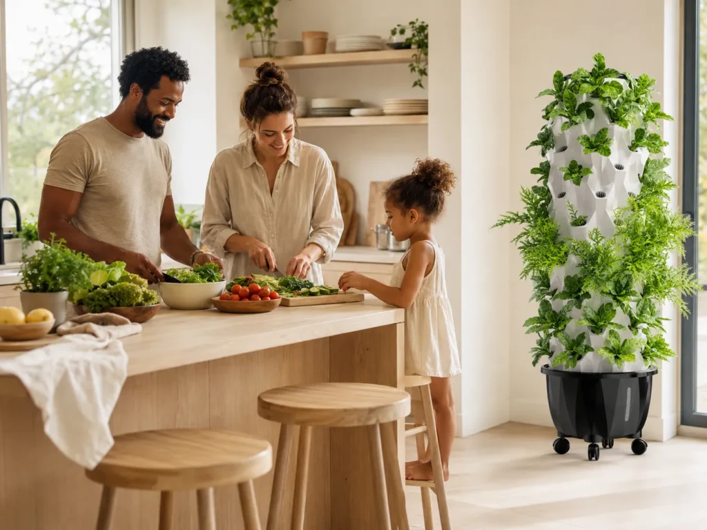 Family preparing a meal beside a Nutraponics growing system.
