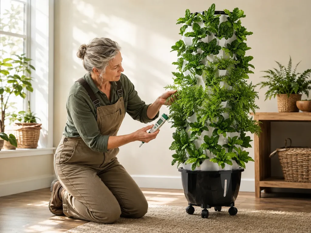 Grower tending a high-capacity Nutraponics hydroponic system.