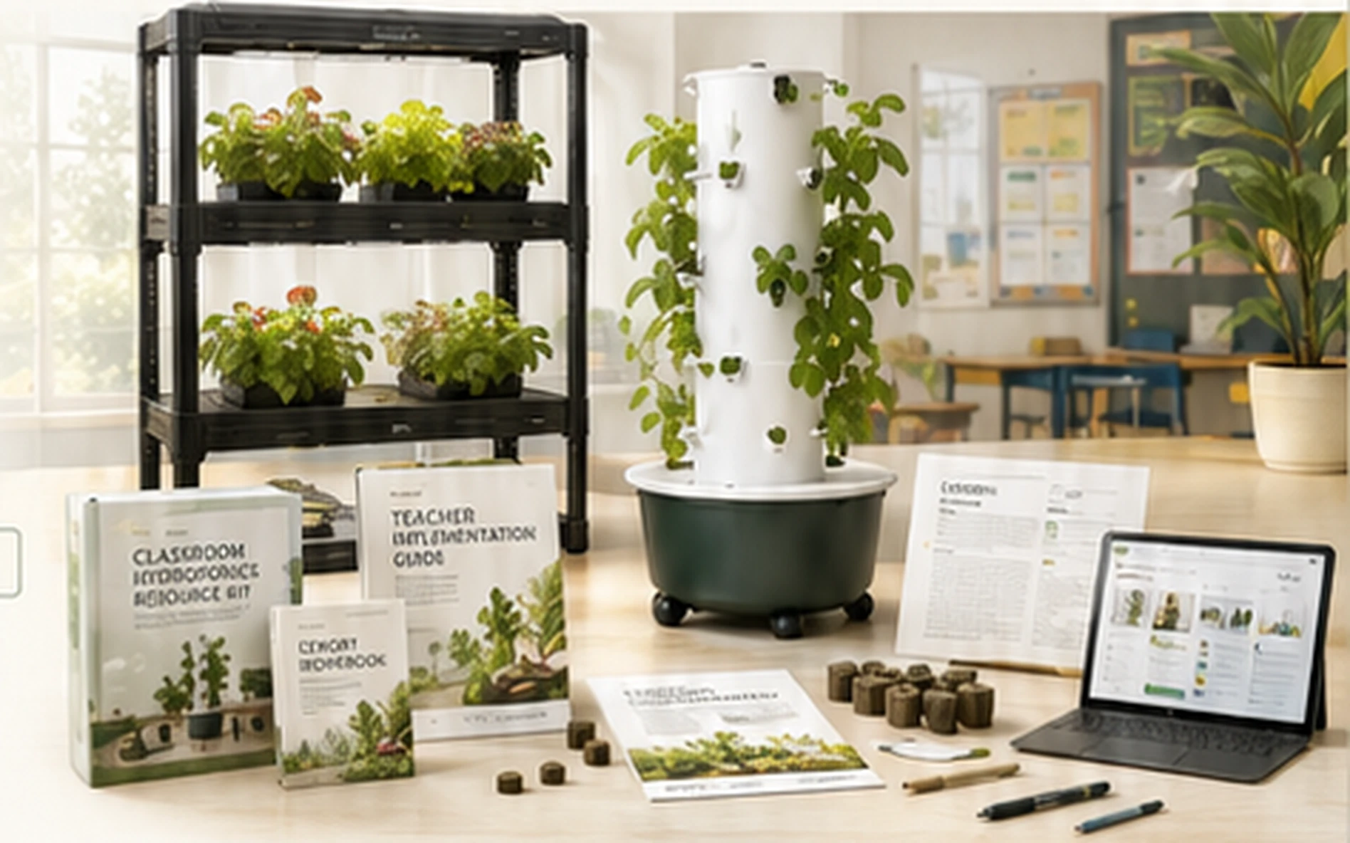 Nutraponics Pro Shelf and Pro Tower classroom hydroponic systems with teacher guides, curriculum materials, seed-starting supplies, and a classroom laptop.