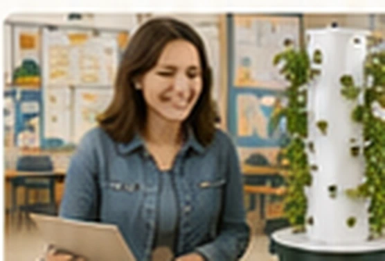 Teacher working beside a classroom hydroponic tower.
