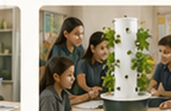 Teacher and students learning beside a Nutraponics hydroponic tower.