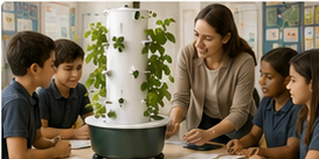 Teacher and students observing plants growing in a classroom hydroponic tower.